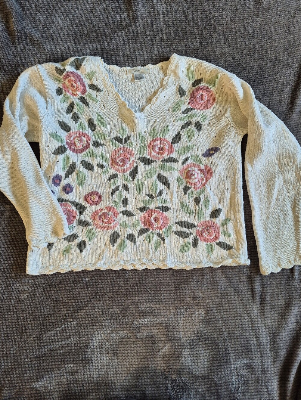 Lise J. Floral Pastel Knit Scalloped Grannycore Prairie Romantic Librarian Sz L